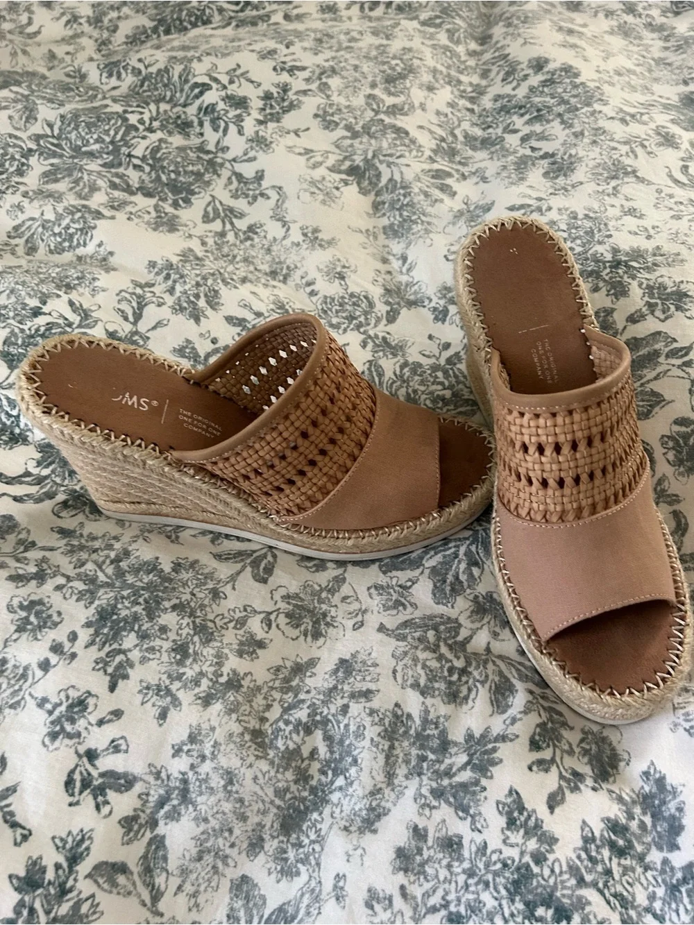 Toms Tan Woven Espadrille Wedge Slides